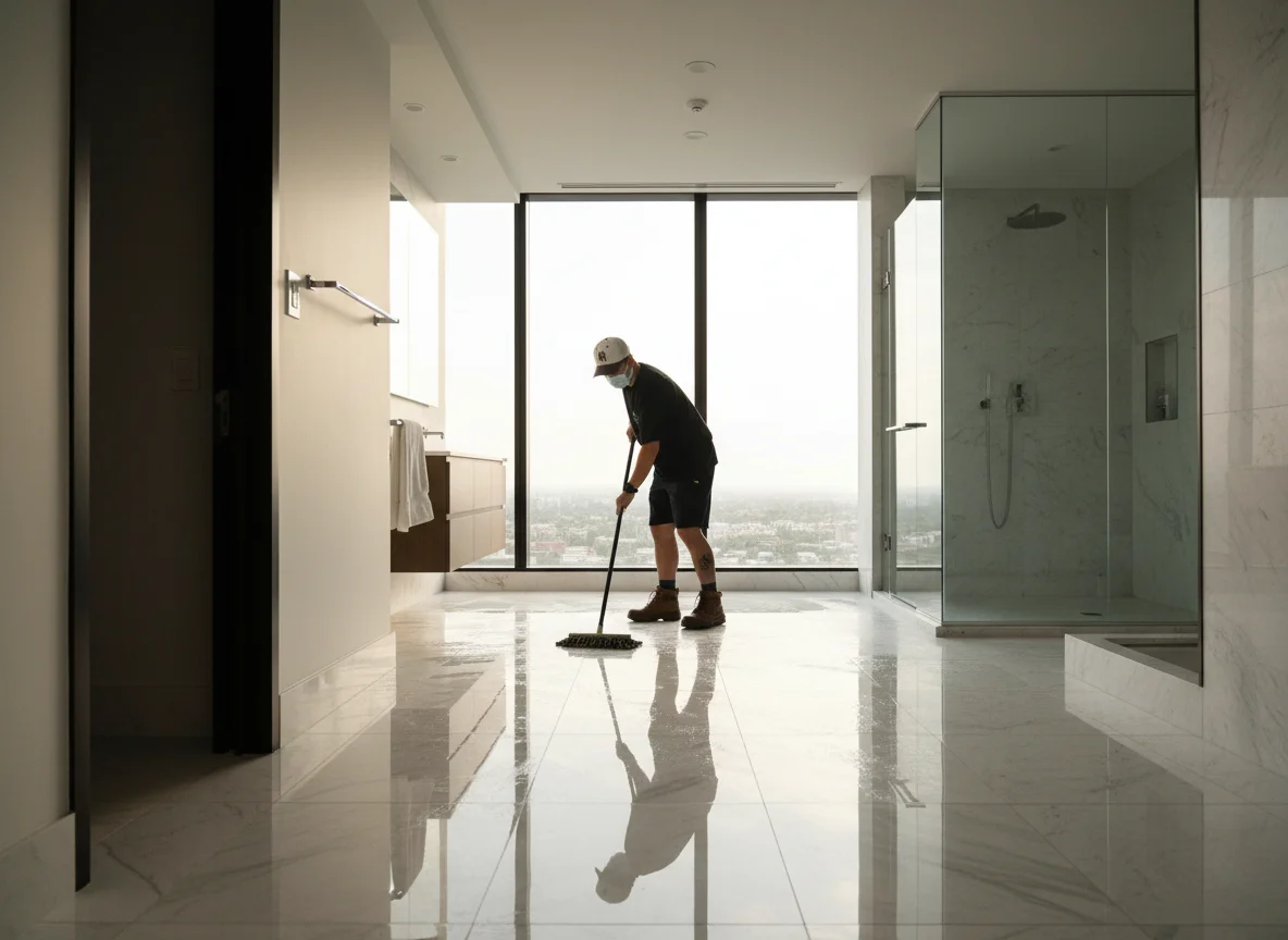Team cleaning a bathroom