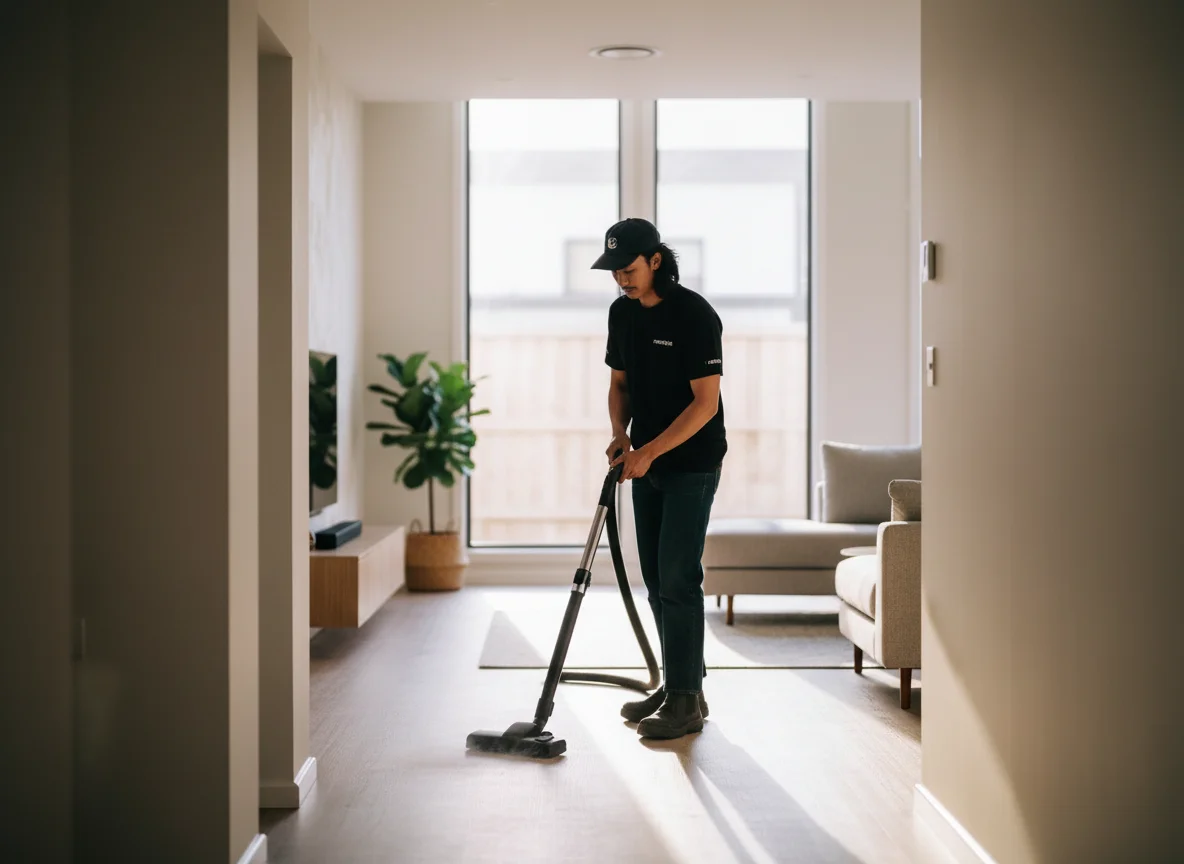 Team vacuuming a living room